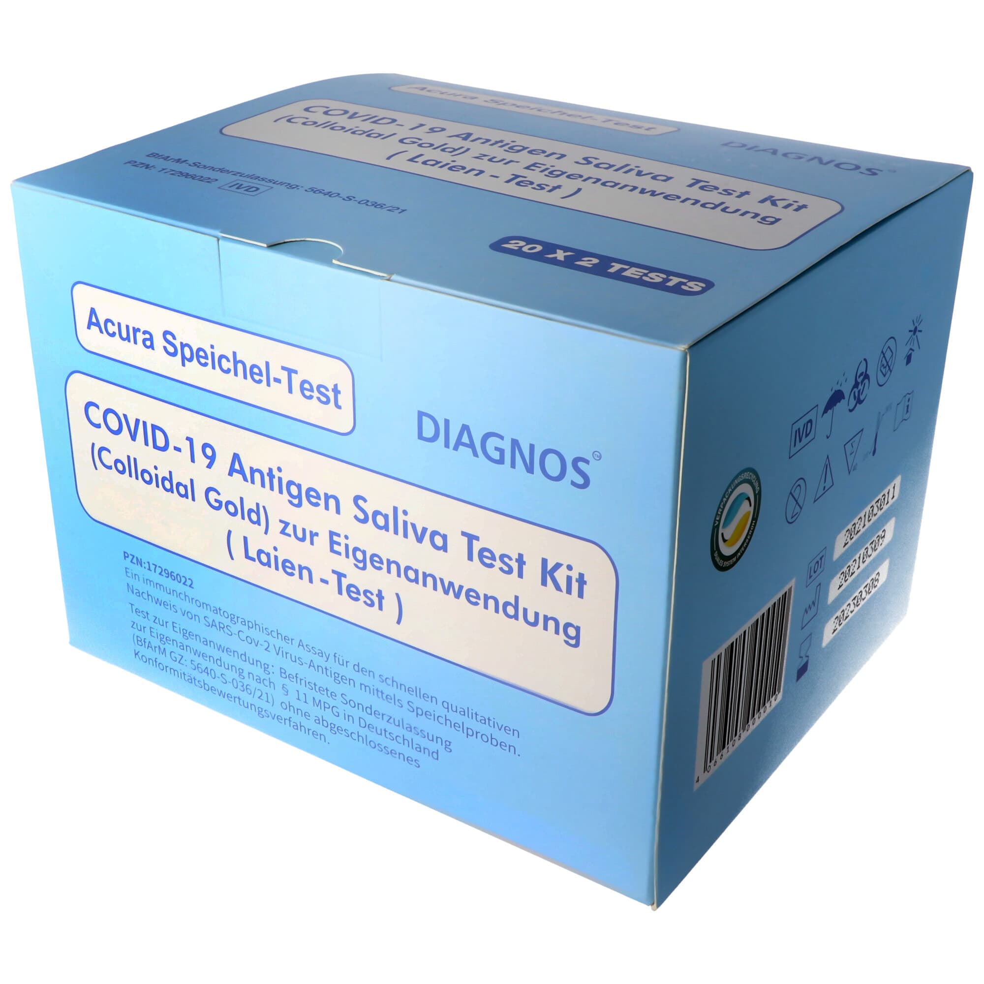 40 Acura saliva test DIAGNOS COVID-19 lay test (spit test) avec approbation spéciale BfArM, test rapide de l'antigène coronavirus (SARS-Cov-2),