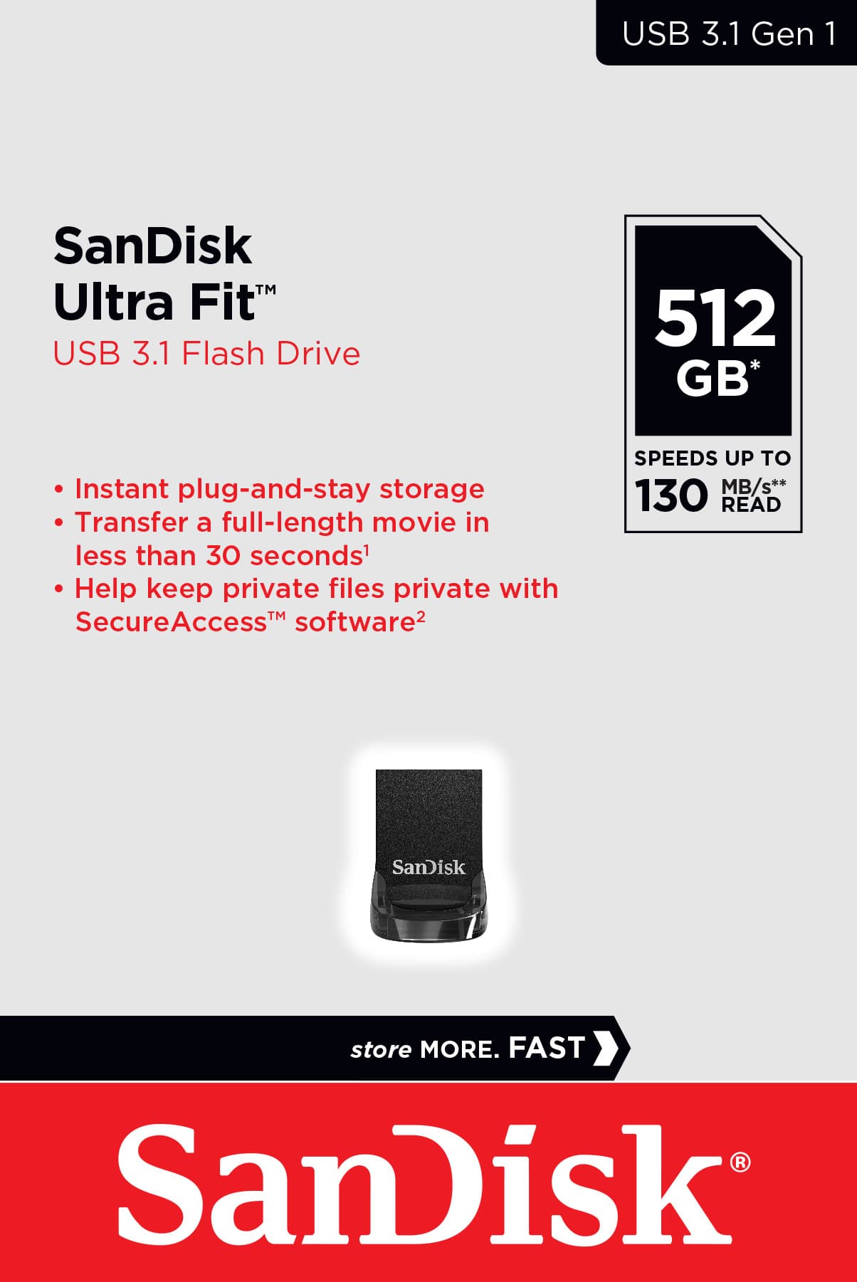 Clé USB 3.1 Sandisk 512 Go, Ultra Fit Type-A, (R) 130 Mo/s, (W) 60 Mo/s, AES-128-Bit, blister de vente au détail