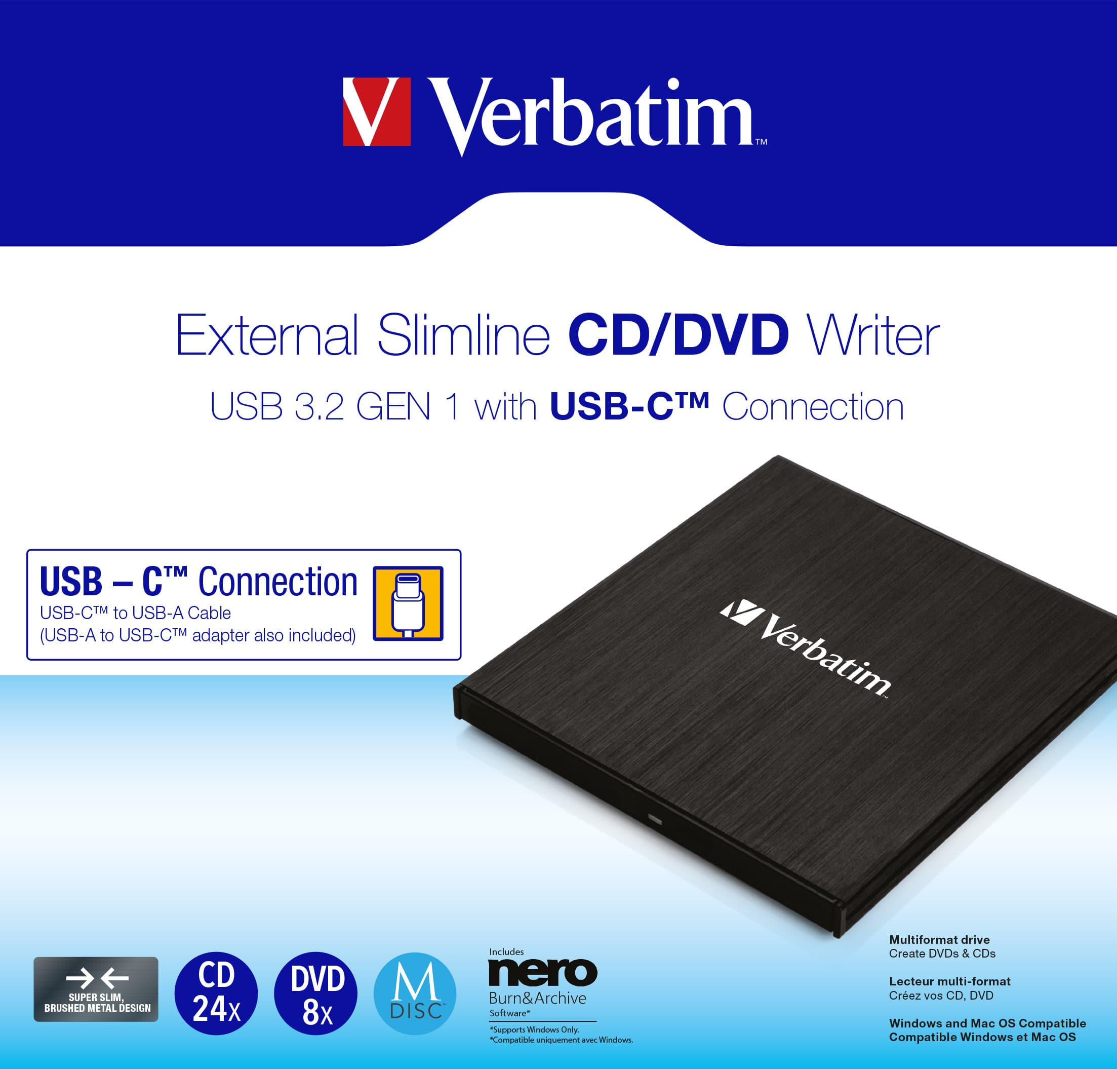 Enregistreur DVD Verbatim, USB 3.2, AC, 8x/6x/24x, Slimline Portable, noir, M-DISC, logiciel, vente au détail