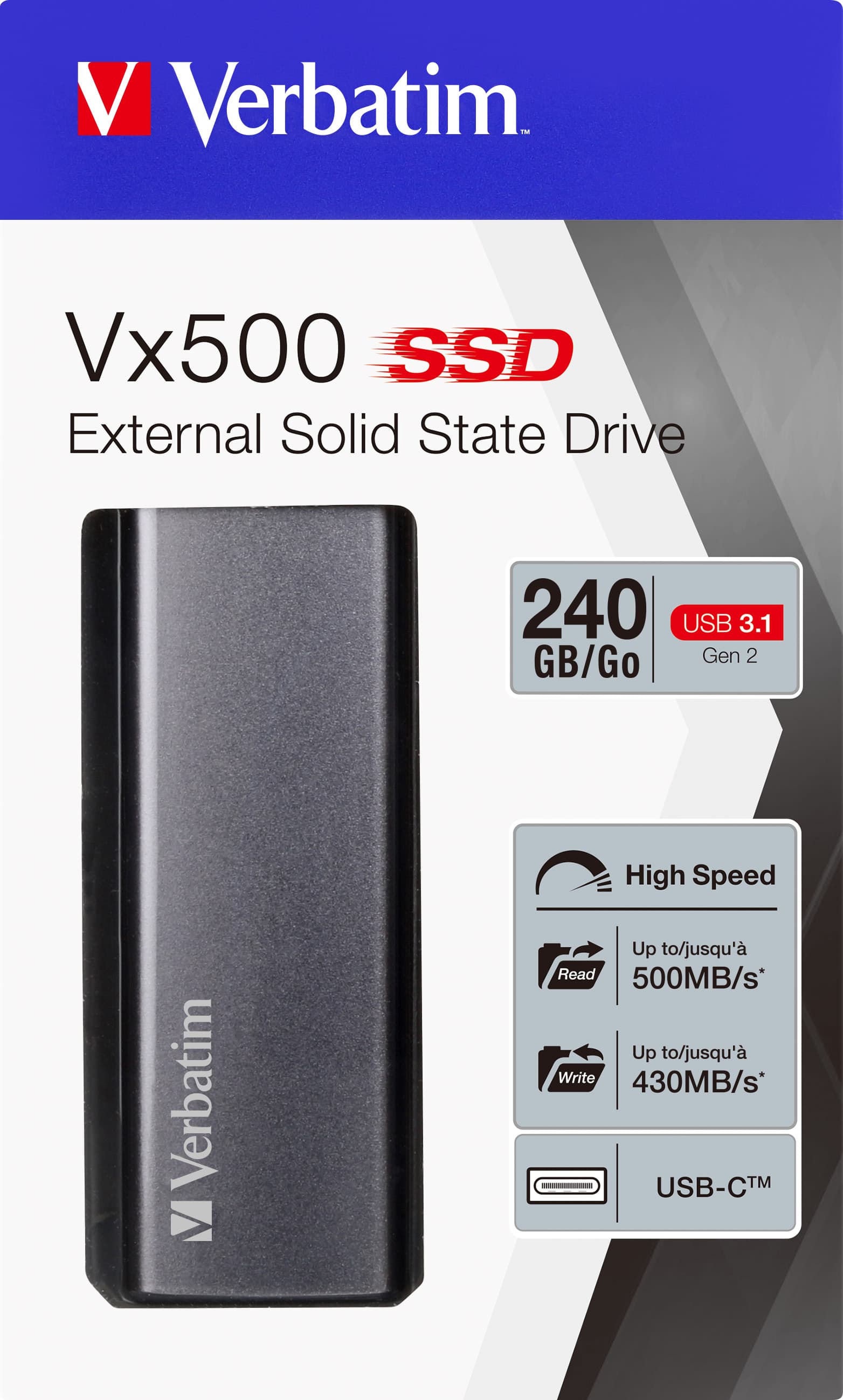 Disque SSD Verbatim 240 Go, USB 3.1, type AC, Mini Vx500, (R) 500 Mo/s, (W) 430 Mo/s, blister